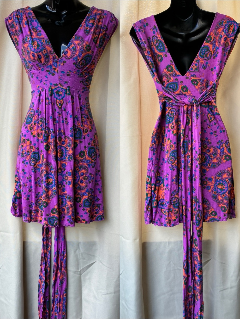 Free People Sleeveless V Neck Tie Waist Mini Dress